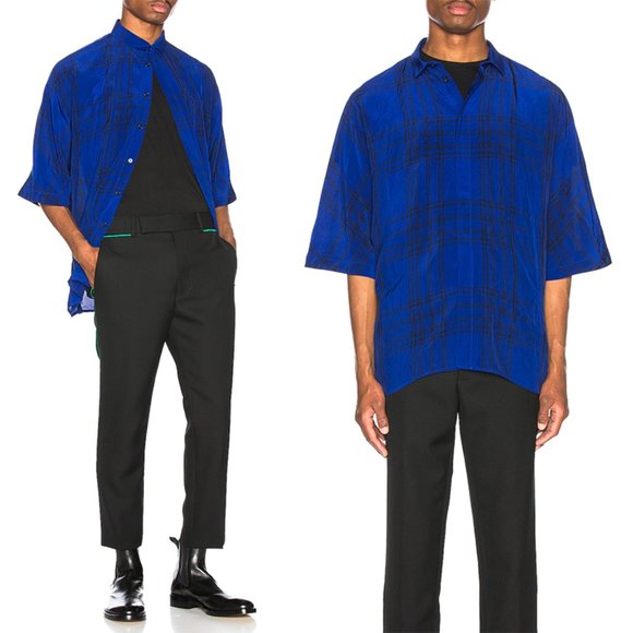 NEW Haider Ackermann Kimono Shirt Plaid Button Front Montauk Blue Black  Medium